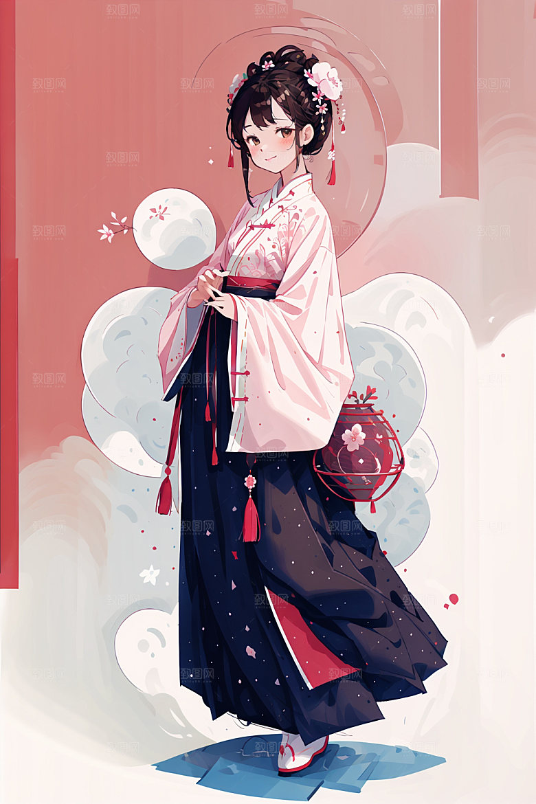 简约风汉服甜美几何背景少女插画