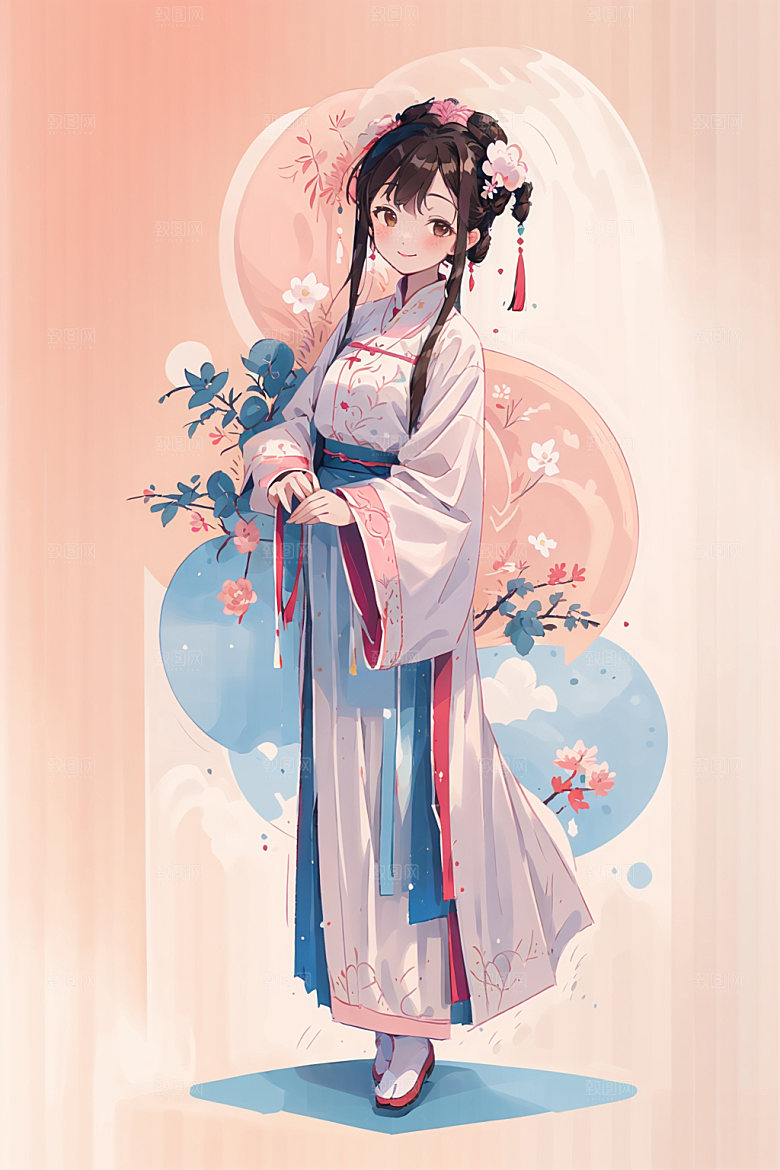 简约风汉服几何背景古风少女插画