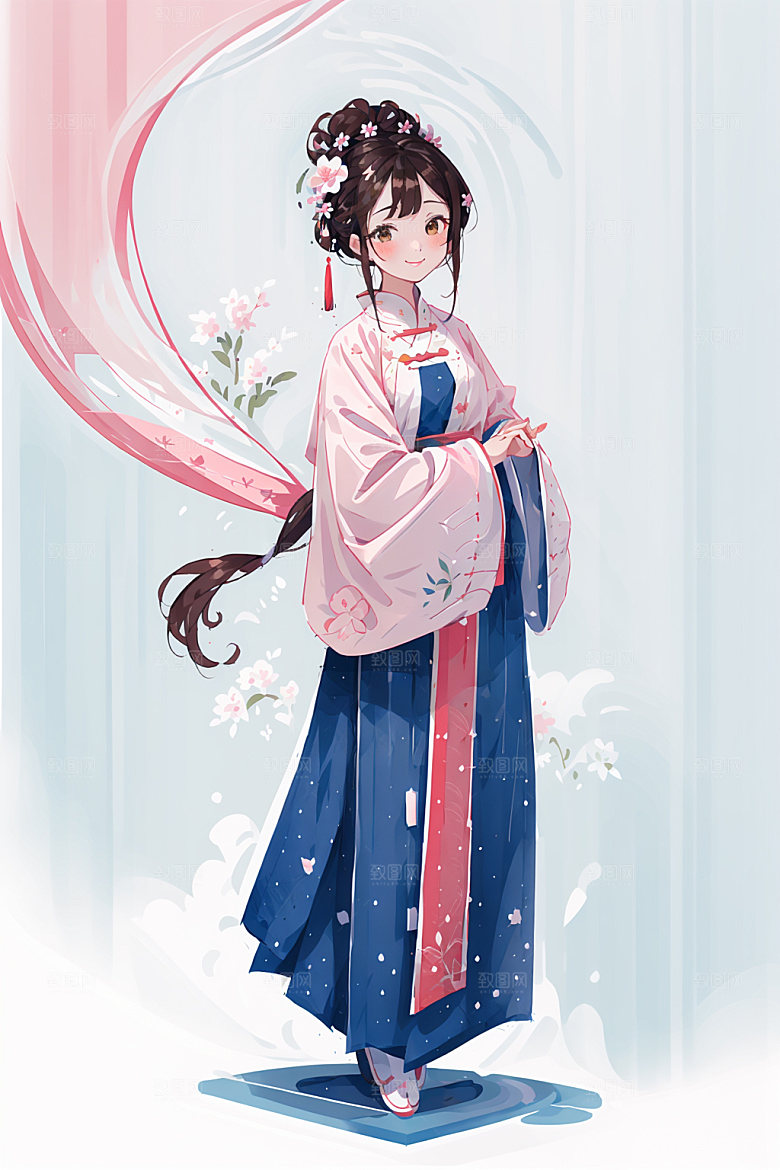 简约风汉服几何背景甜美少女插画