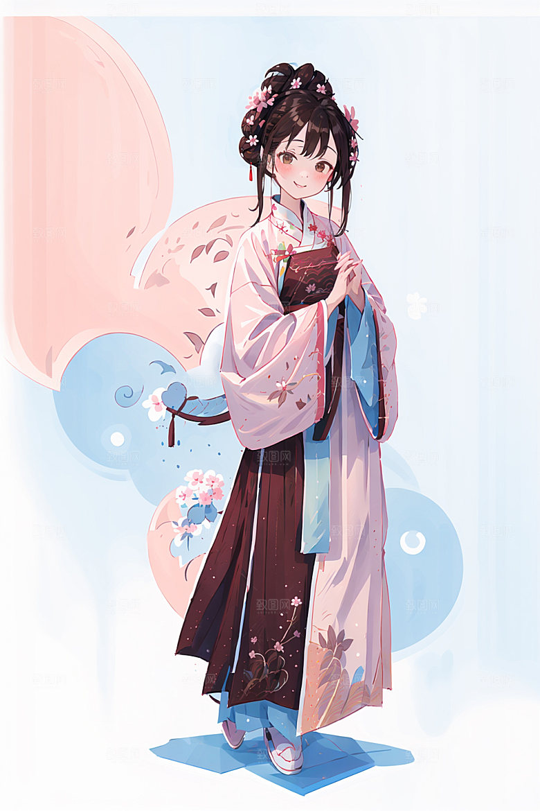 简约风汉服扁平化甜美少女插画