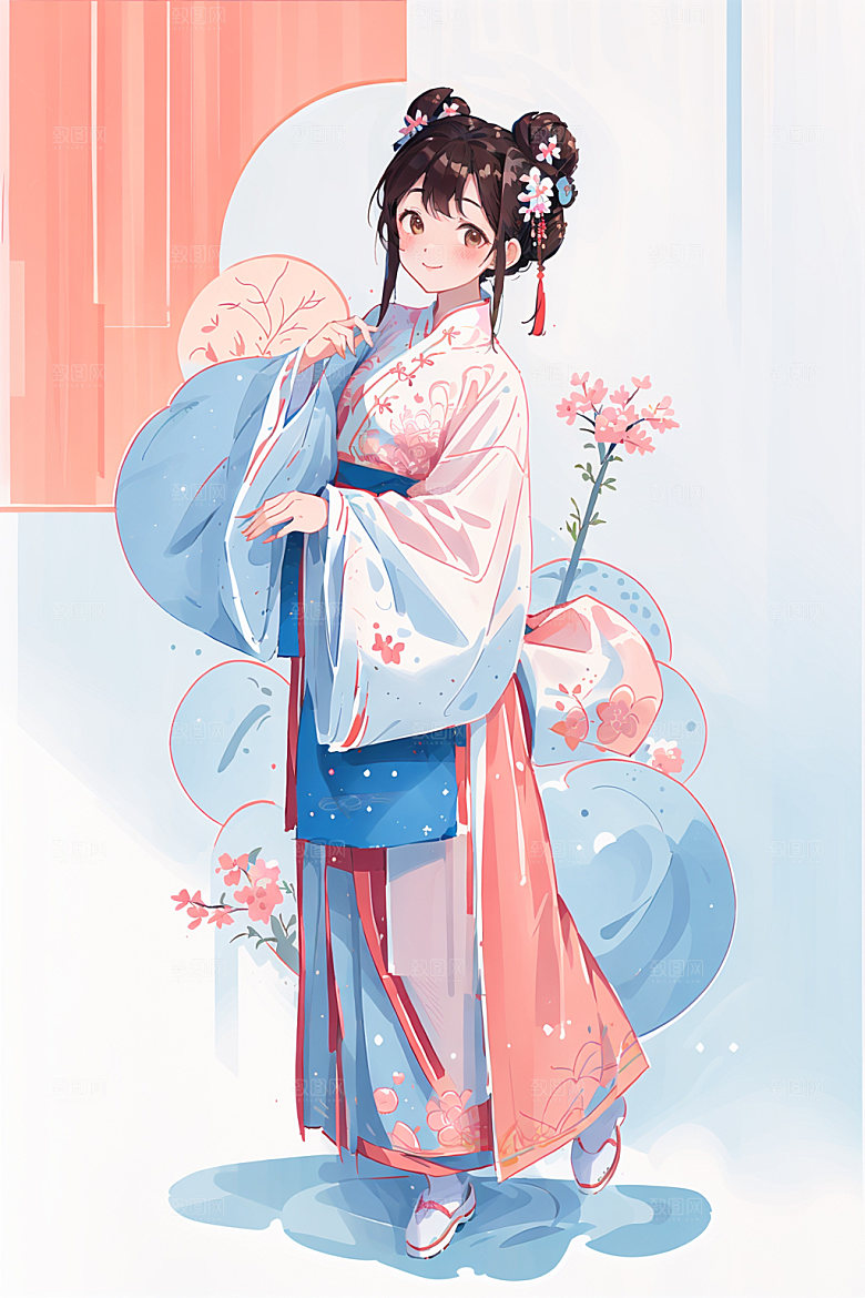 简约风汉服扁平化古风少女插画