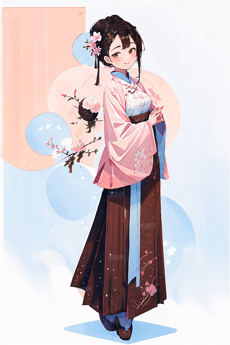 简约风汉服几何背景中国风少女插画