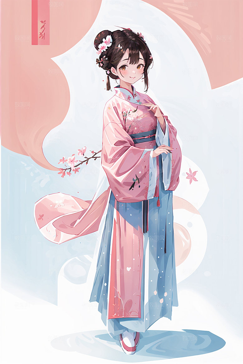 简约风汉服古风甜美少女插画