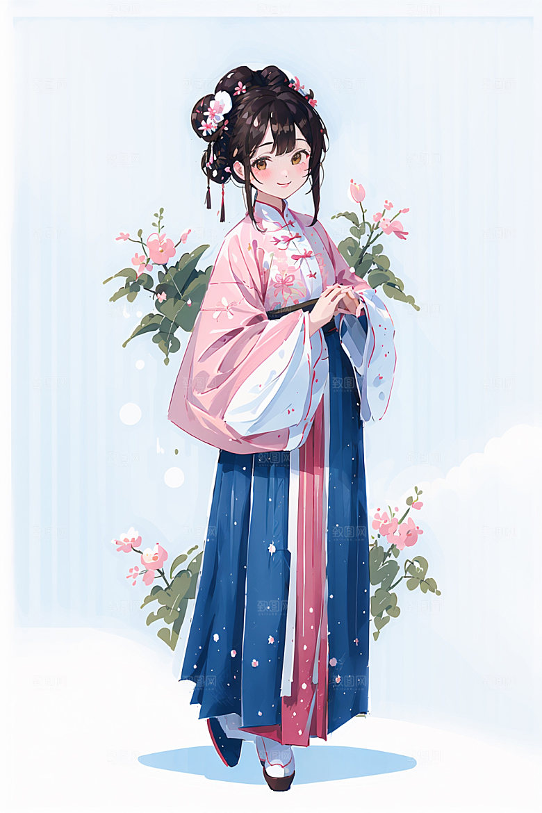 简约风汉服形象几何背景少女插画