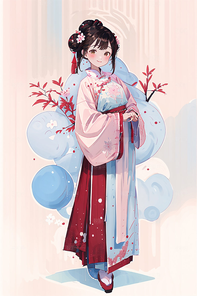 简约风汉服扁平化甜美少女插画