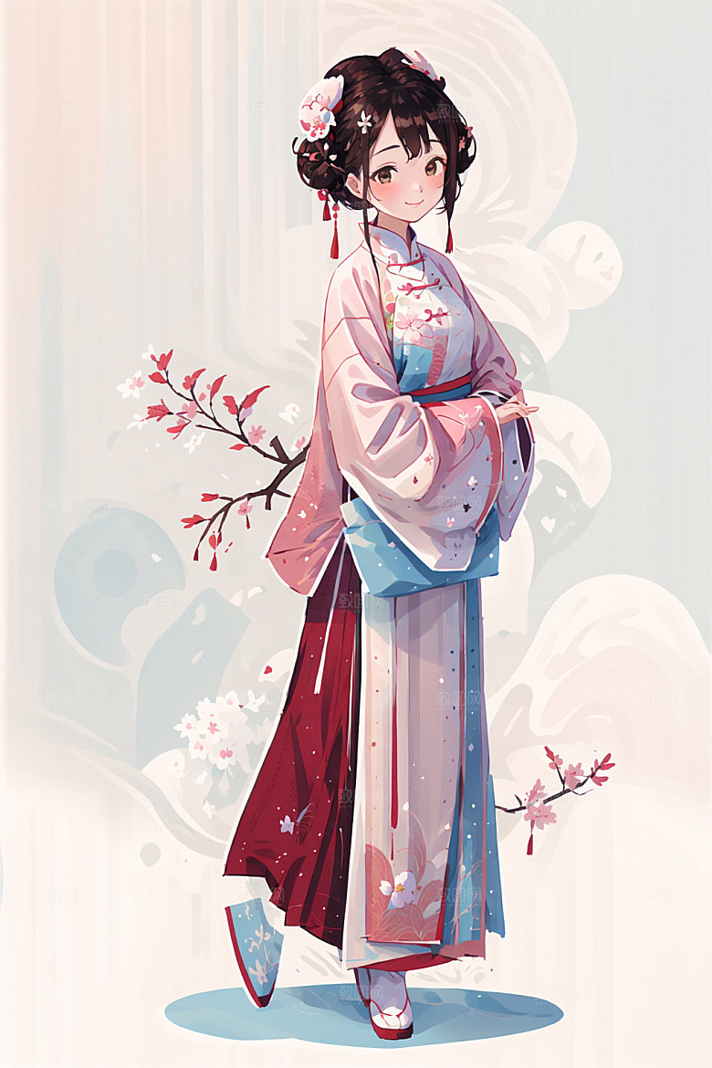 简约风汉服古风几何背景少女插画