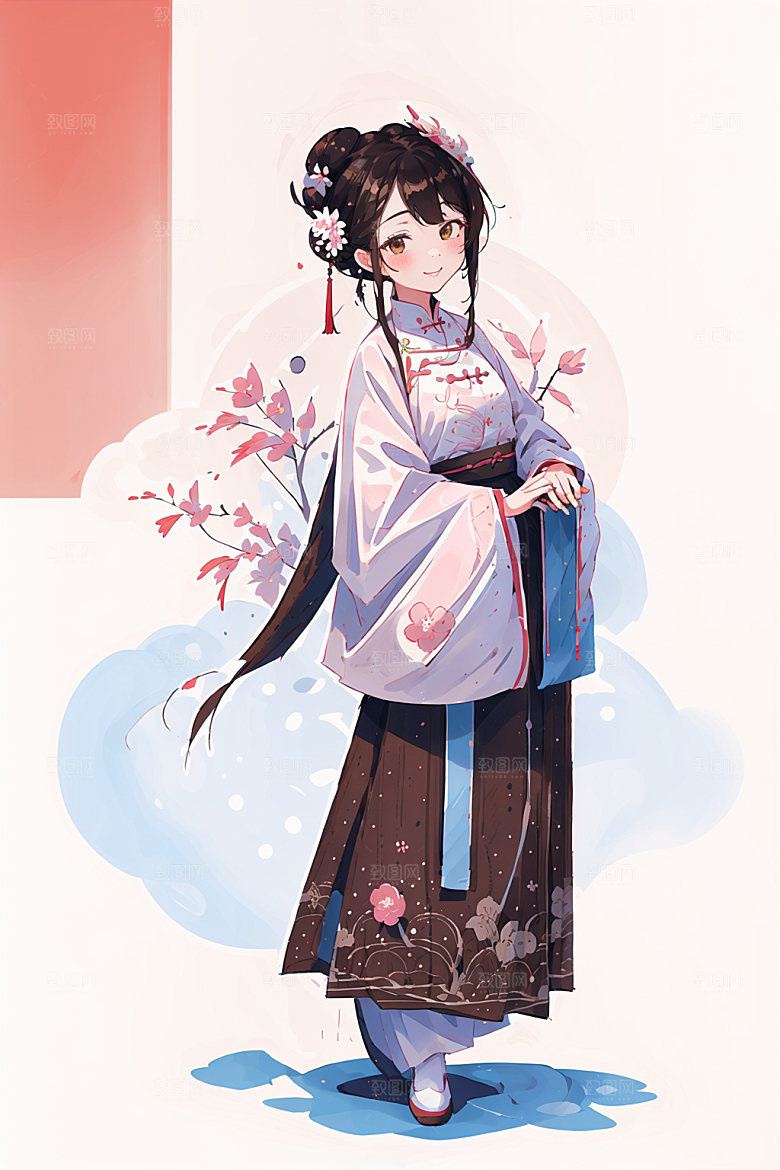 简约风汉服古风甜美少女插画