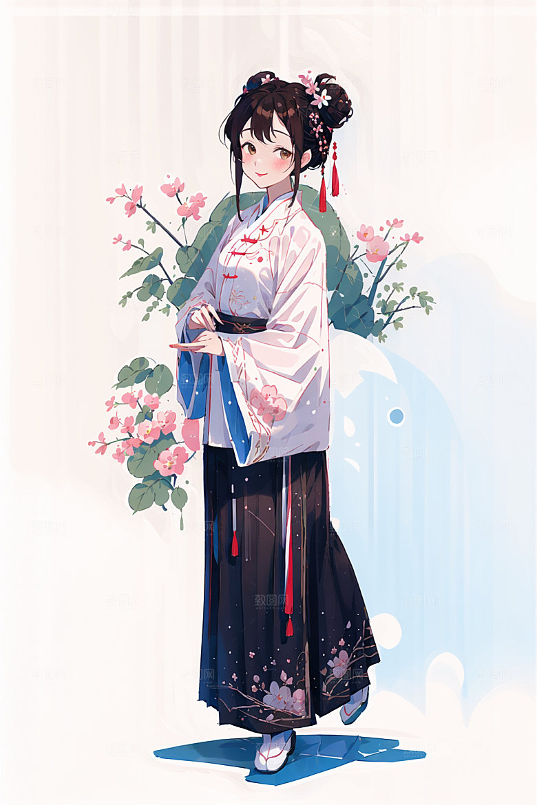 简约风汉服古风几何背景少女插画