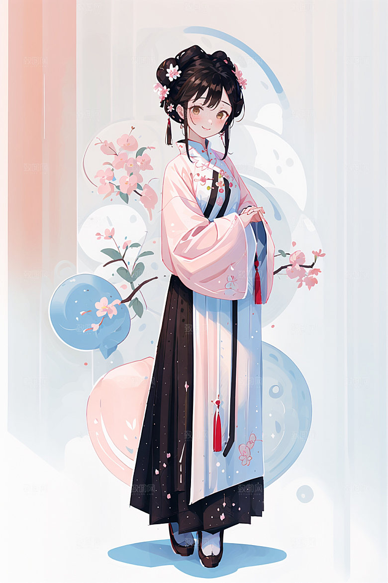 简约风汉服扁平化古风少女插画