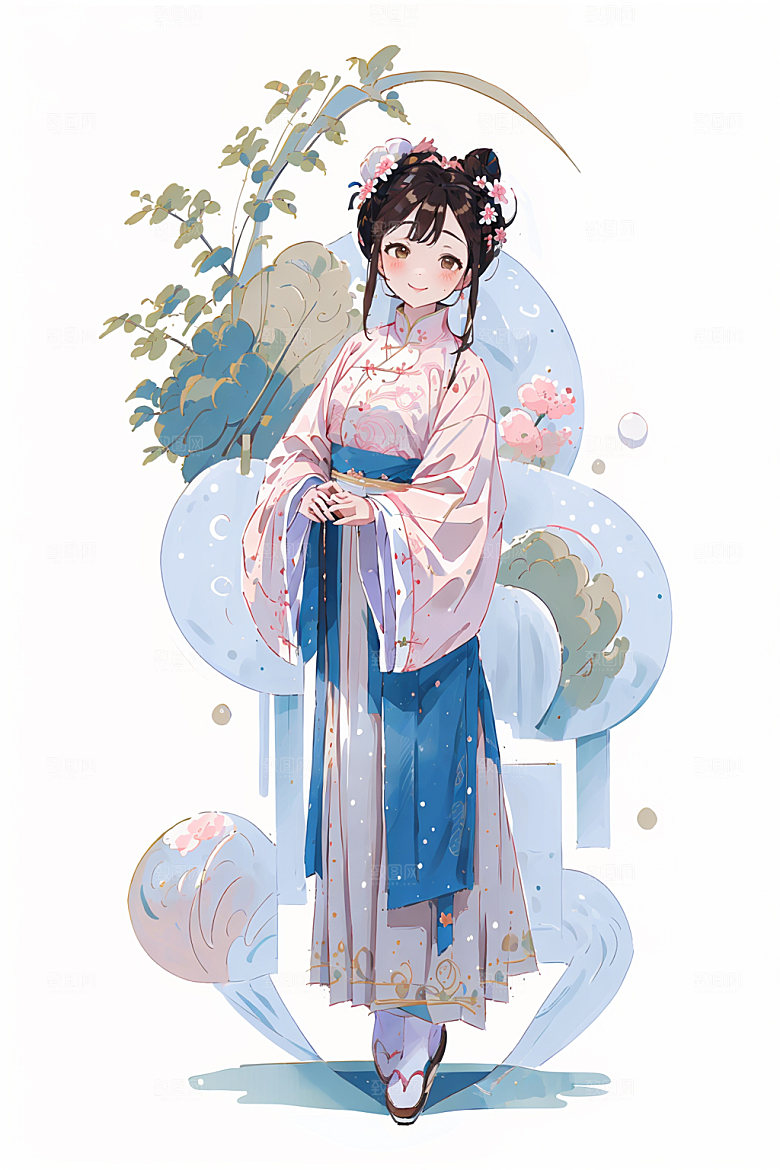 简约风汉服古风扁平化少女插画
