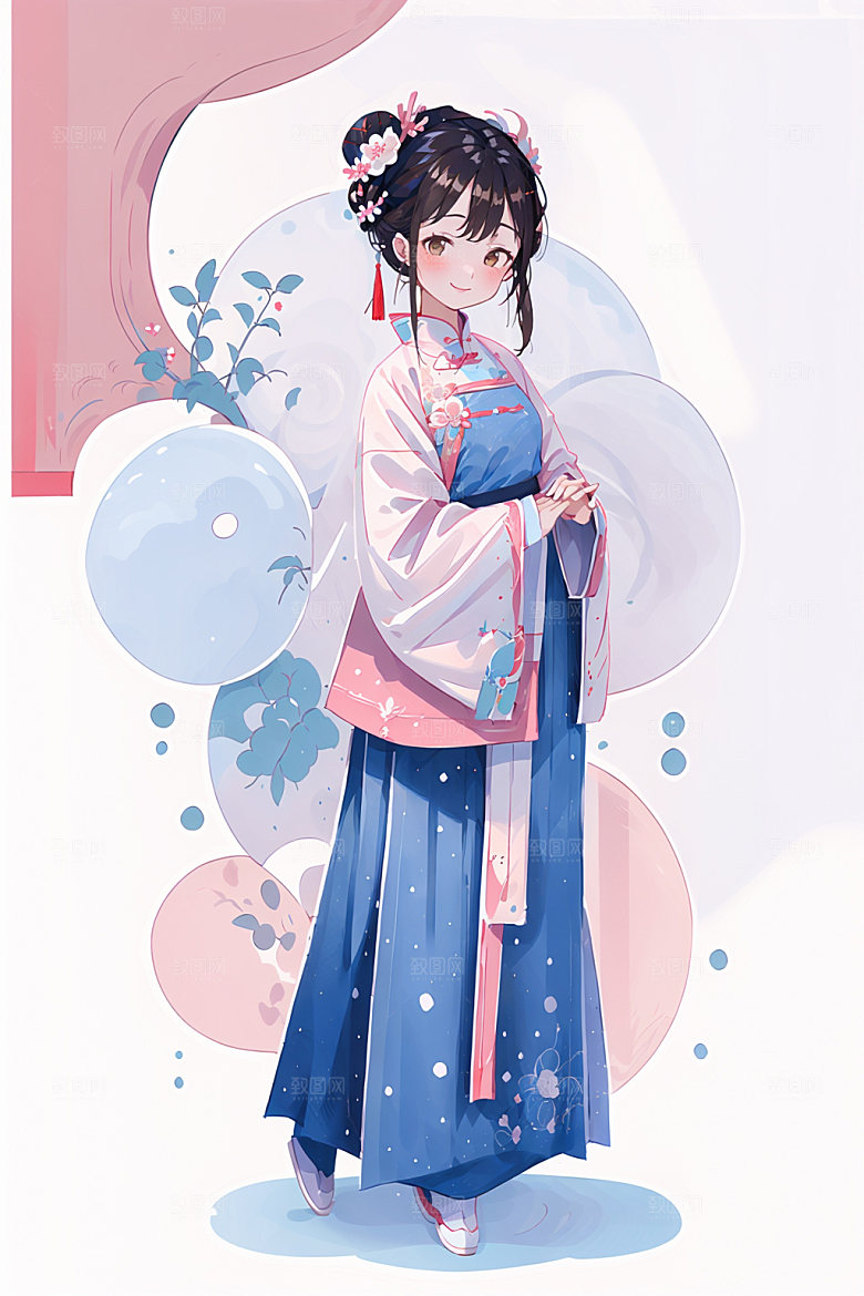 简约风汉服扁平化形象少女插画