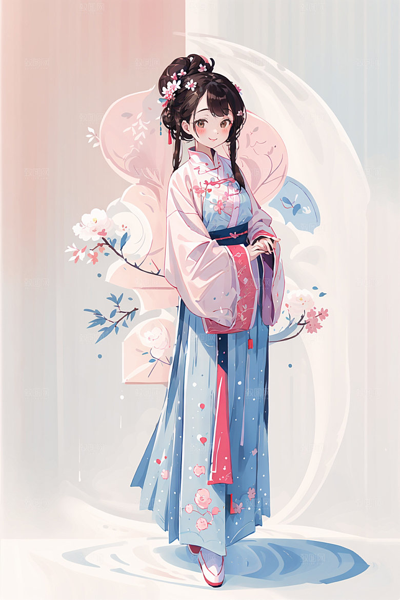 简约风汉服扁平化古风少女插画