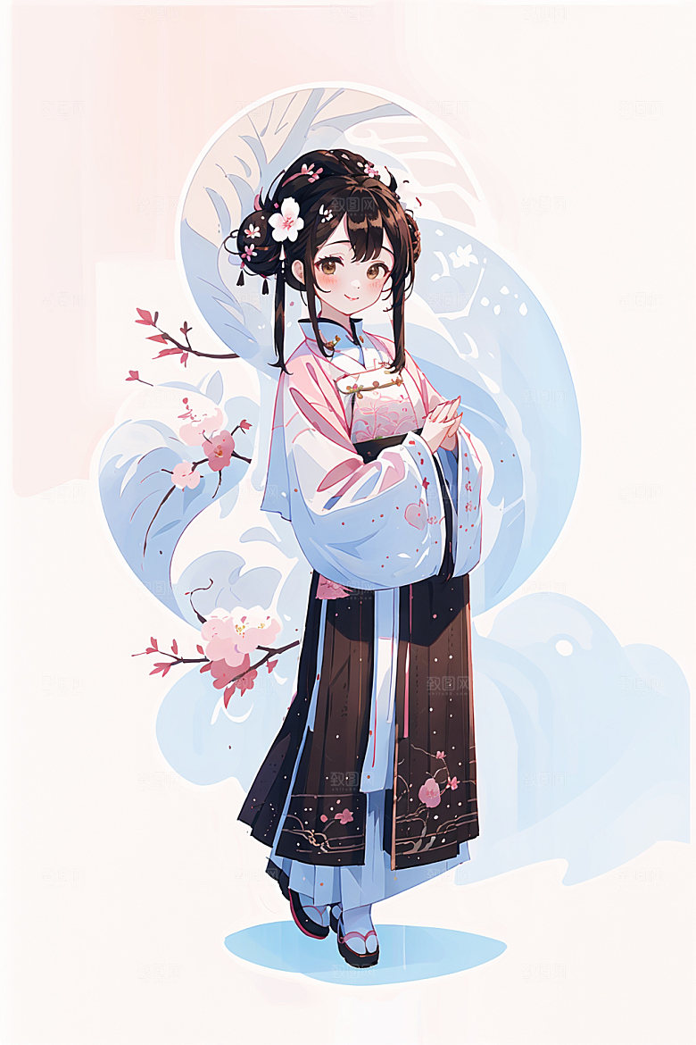 简约风汉服可爱扁平化少女插画