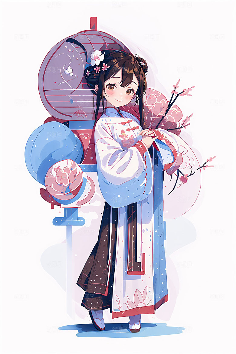 简约风汉服几何背景可爱少女插画