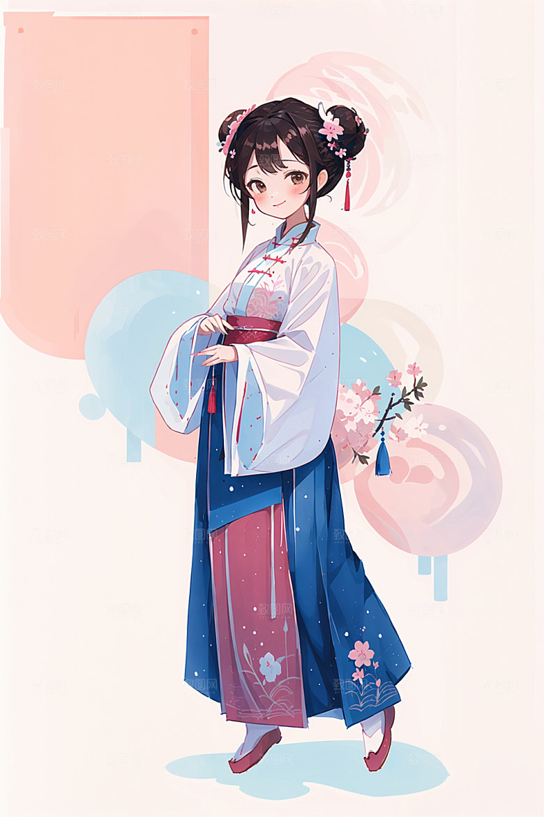 简约风汉服扁平化甜美少女插画