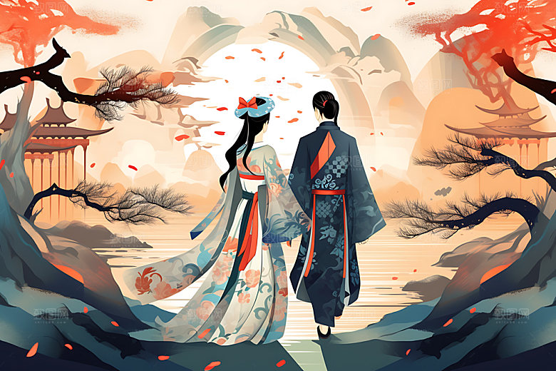 汉服情侣情人节国潮七夕插画