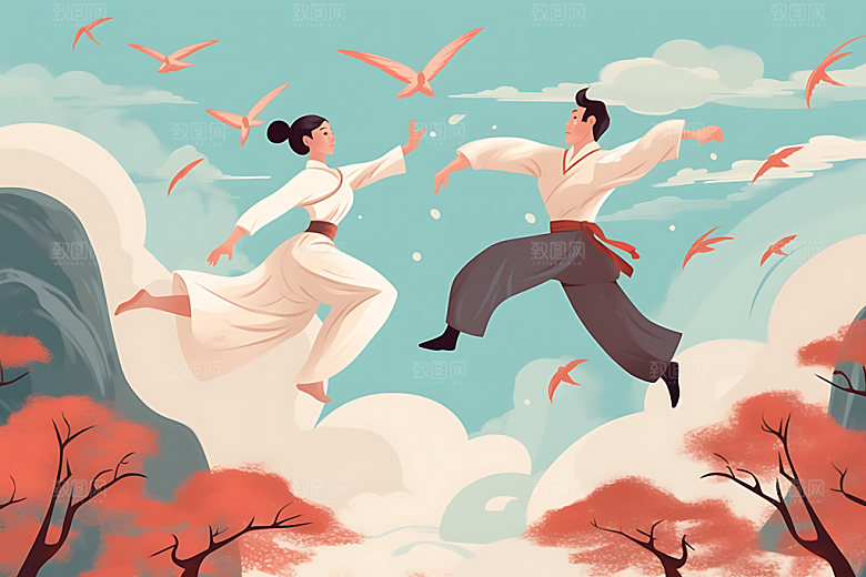汉服情侣水墨唯美七夕插画