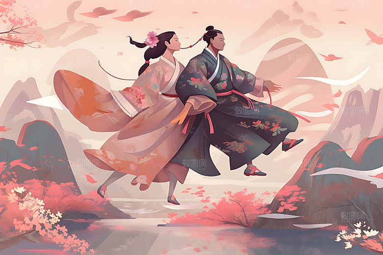 汉服情侣唯美浪漫七夕插画