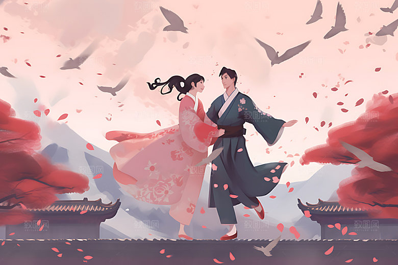 汉服情侣国潮情人节七夕插画