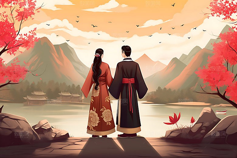 汉服情侣水墨情人节七夕插画