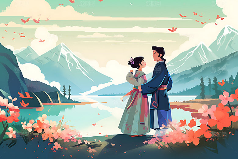 汉服情侣浪漫水墨七夕插画