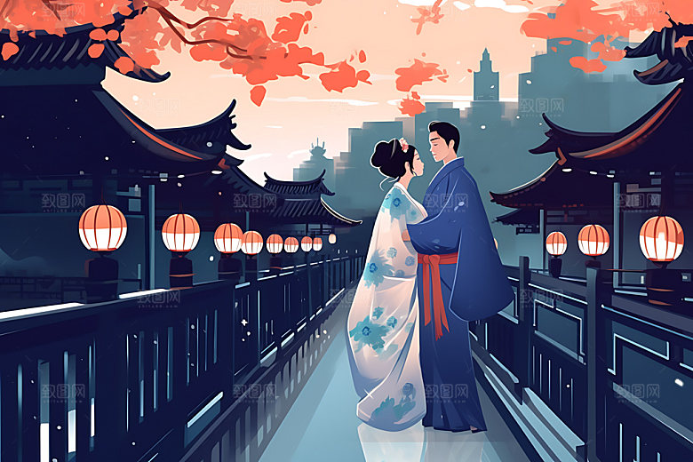 汉服情侣水墨中国风七夕插画