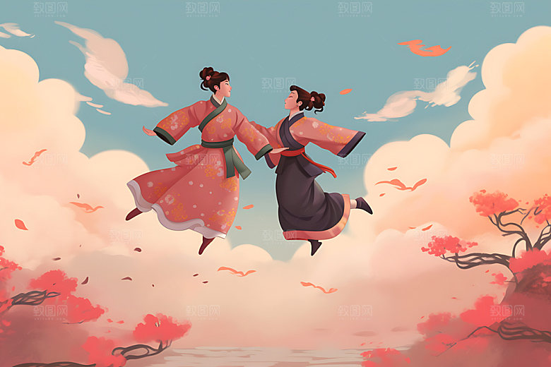 汉服情侣国潮情人节七夕插画