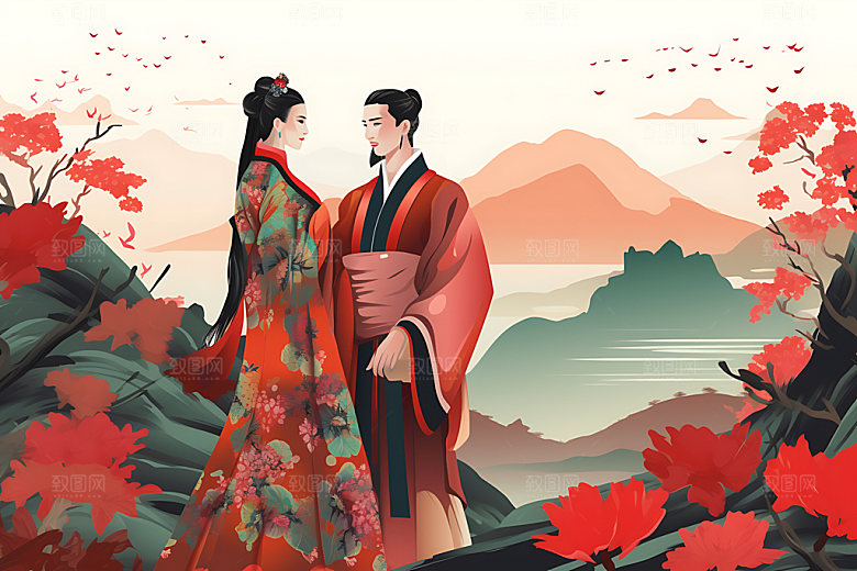 汉服情侣国潮唯美七夕插画