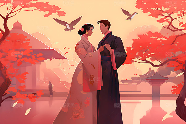 汉服情侣水墨中国风七夕插画