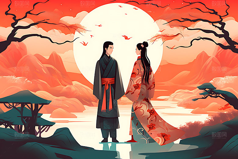 汉服情侣唯美情人节七夕插画