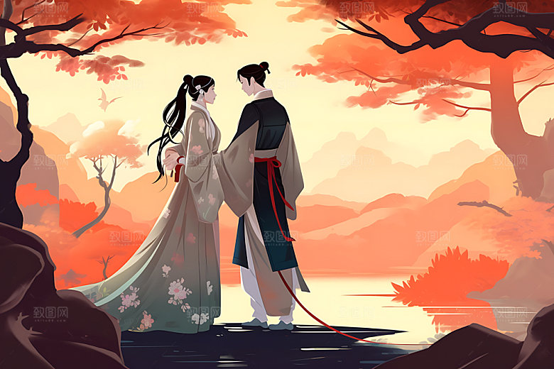 汉服情侣国潮情人节七夕插画