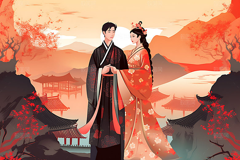 汉服情侣中国风唯美七夕插画