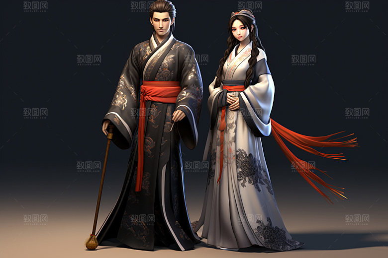 七夕汉服爱情中国风模型