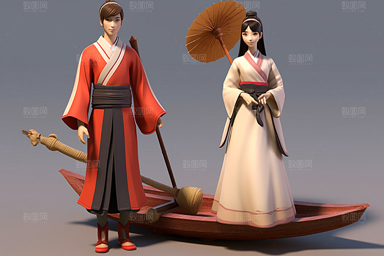 七夕汉服中式人物模型