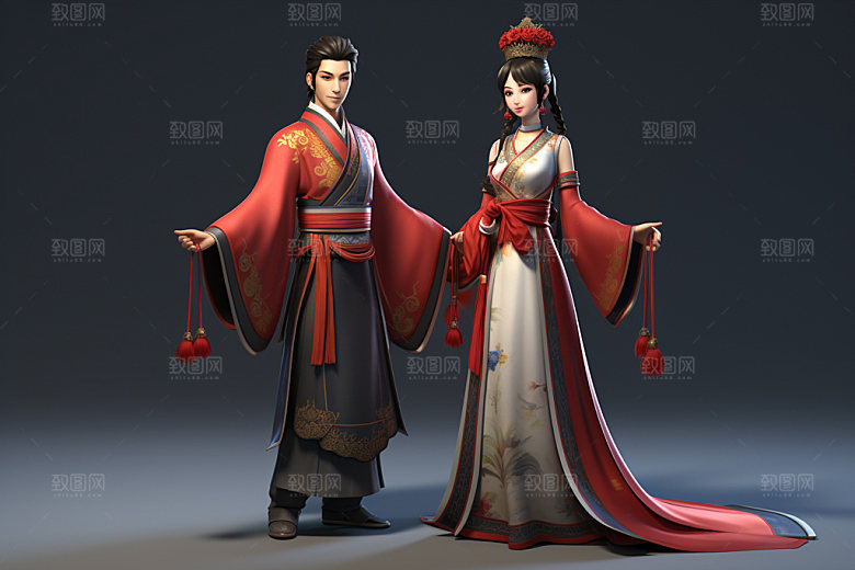 七夕汉服乞巧节人物模型