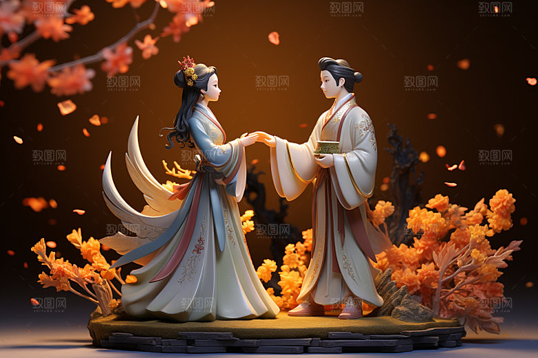 七夕汉服传统牛郎织女模型