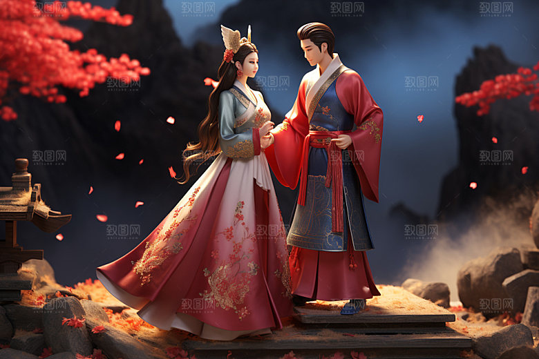 七夕汉服古风人物模型