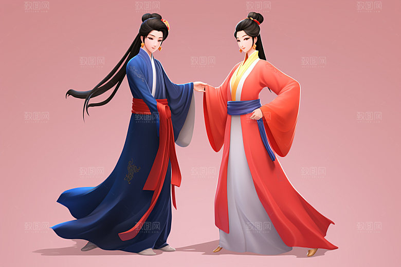 七夕汉服人物传统模型