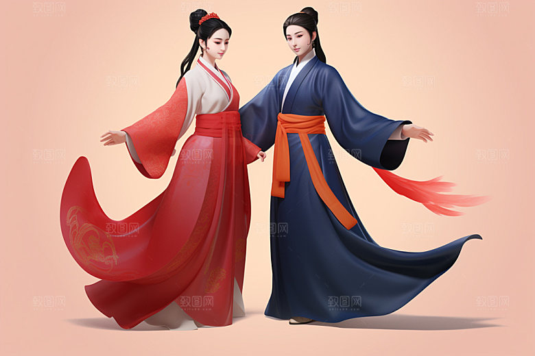 七夕汉服人物牛郎织女模型
