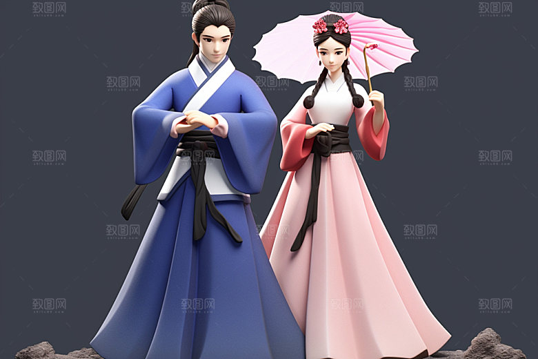 七夕汉服爱情中式模型