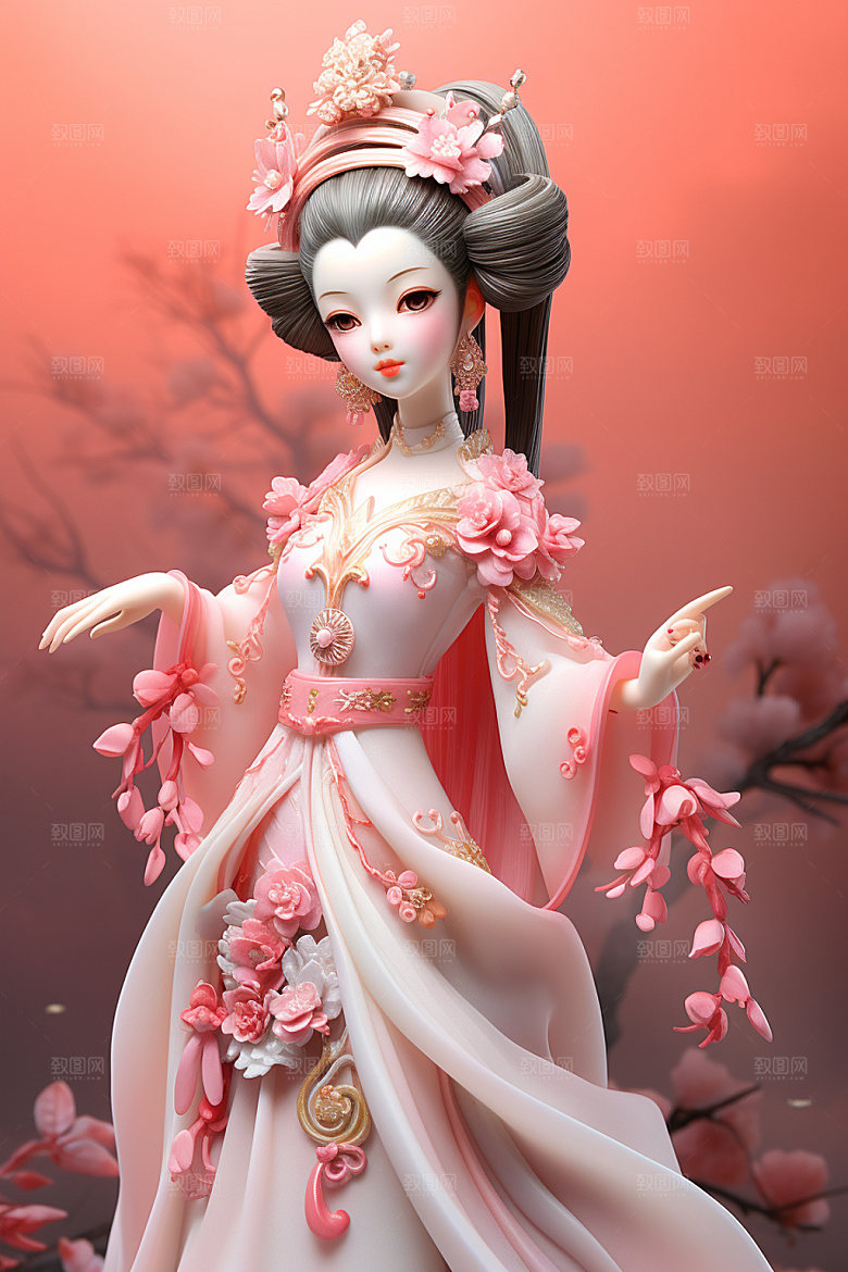 汉服赏花春天氛围模型