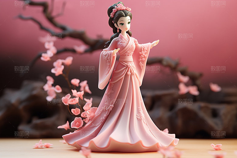 汉服赏花少女中式模型