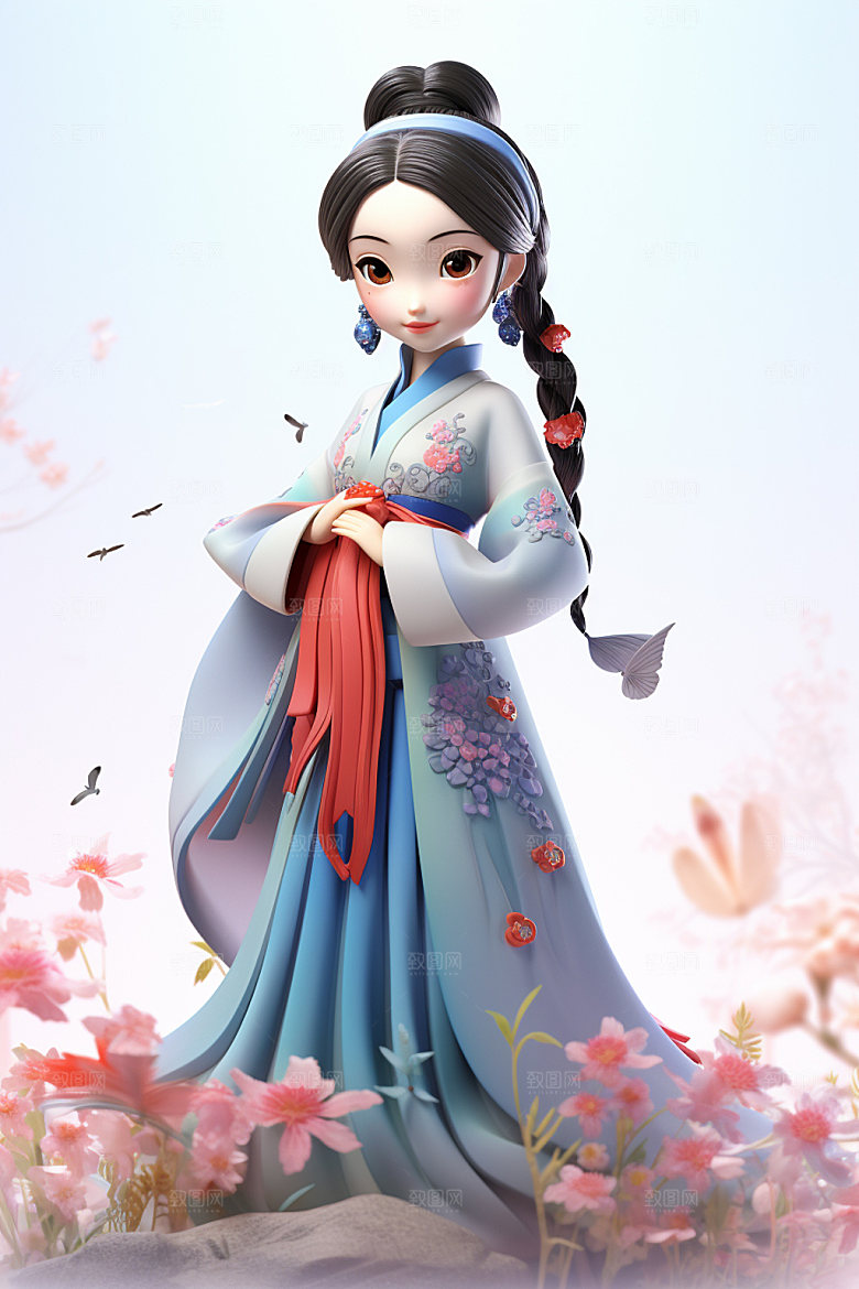 汉服赏花中国风高清模型
