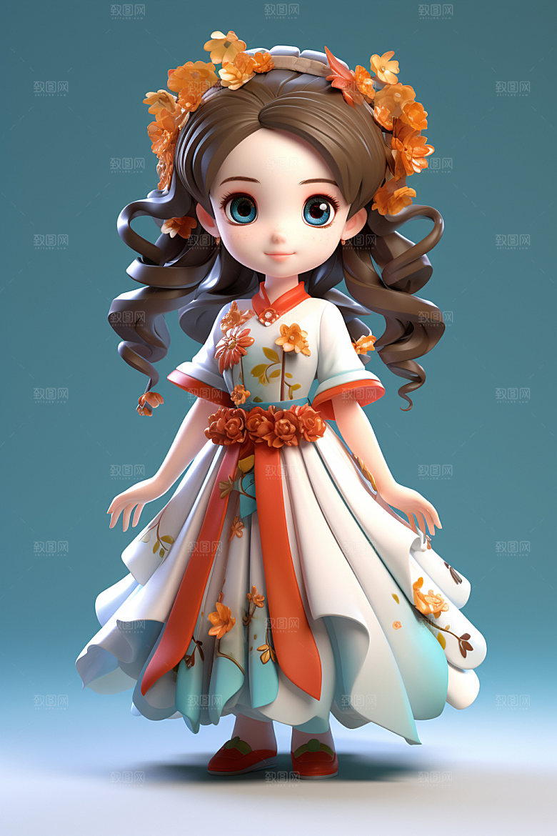汉服赏花高清立体模型