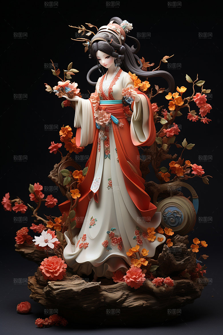 汉服赏花高清传统模型
