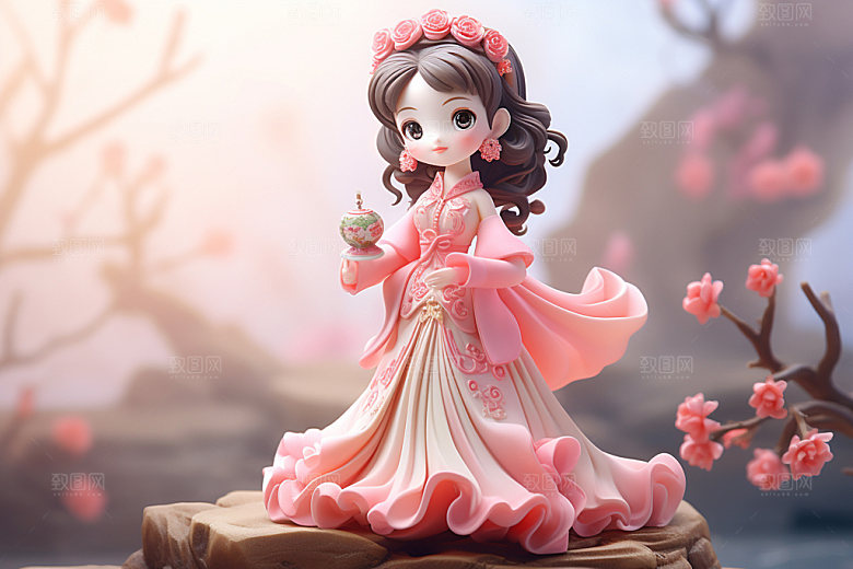 汉服赏花春天立体模型