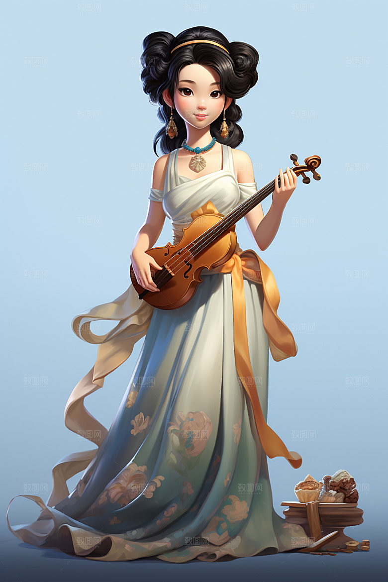 古风弹琴少女乐器传统文化插画