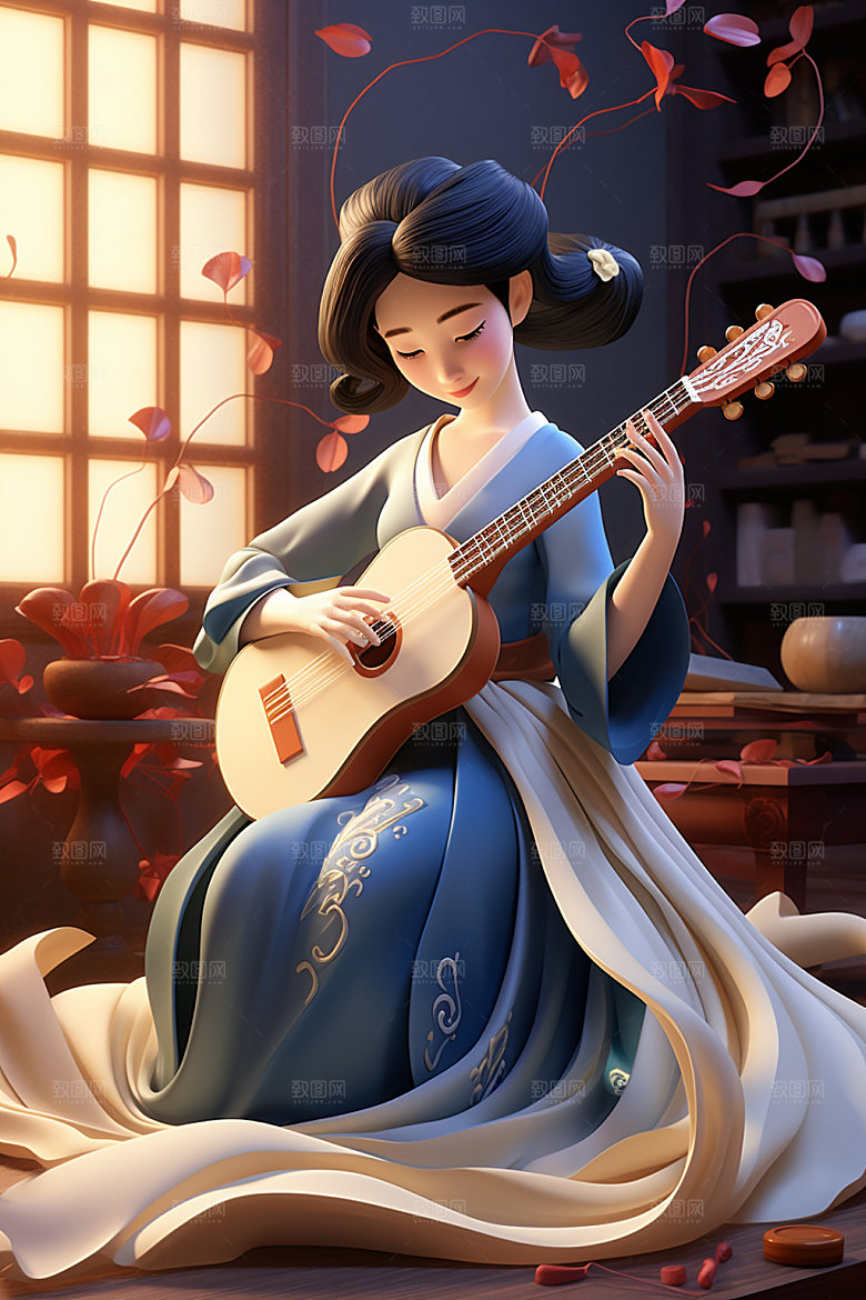 古风弹琴少女唯美乐器插画