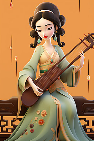古风弹琴少女中式唯美插画