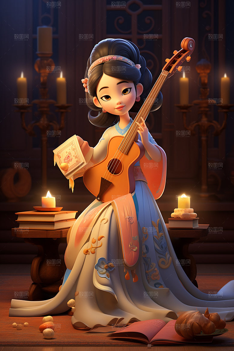 古风弹琴少女演奏中式插画